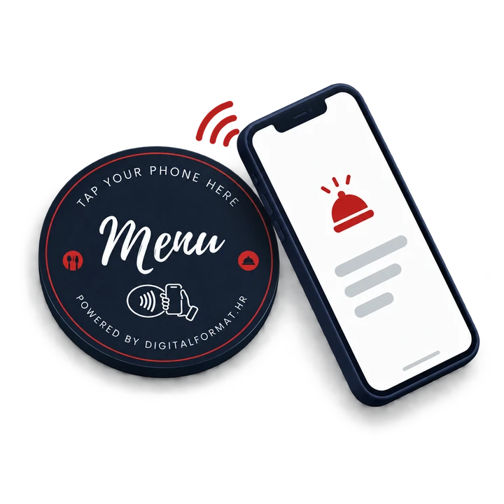 Ilustracija mobitela prislonjenog NFC plaketi na stolu